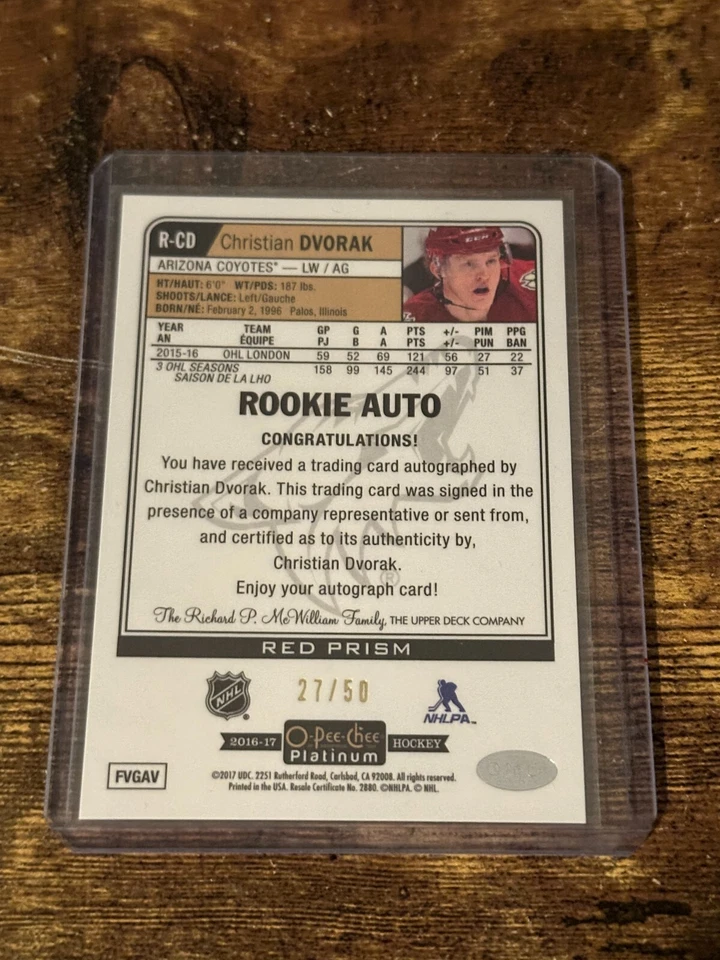 2016-17 O-Pee-Chee Platinum Red Prism /50 Christian Dvorak #R-CD Rookie Auto RC - Image 2 of 2