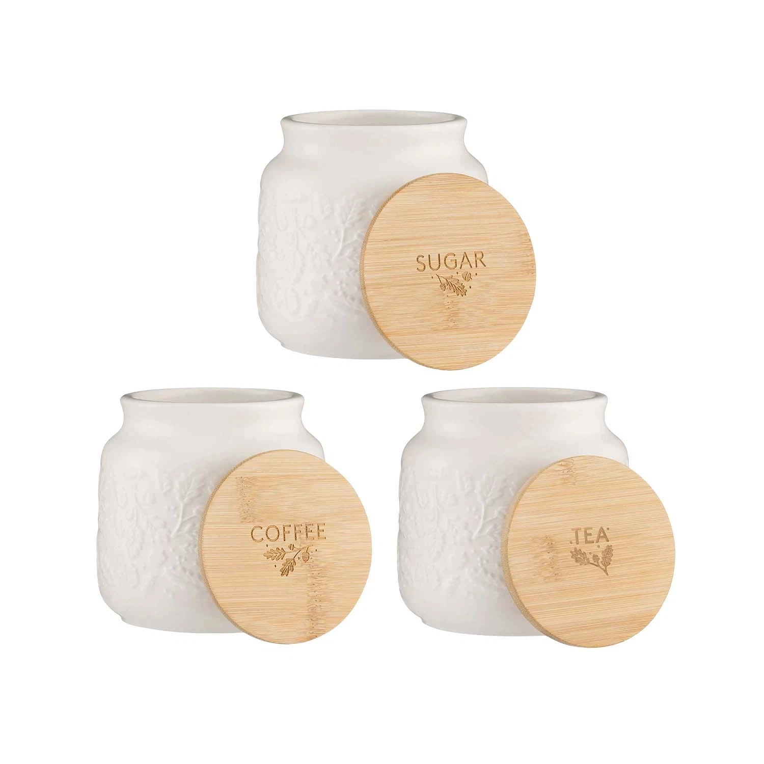 Storage Jar Set of 3 Stoneware Embossed Acorn Tea Sugar Coffee Airtight 700ml