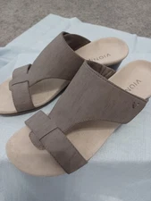 Vionic Womens Sandal Regina Wedge Size 7.5M Taupe Brown Canvas Slide Shoes