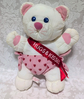 Avon Plush Nylon Vtg 1989 White Cat Pink Diaper Hearts Red Ribbon Hugs Kisses