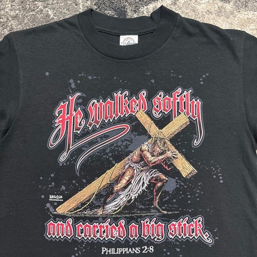 Vintage Jesus Shirt Mens Small 90s Y2K Kerusso Walked Softly Cross God Religion