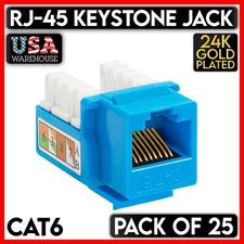 25 Pack Blue CAT6 Keystone Jack RJ45 Ethernet  Cat 6 UTP Punch Down Network LAN