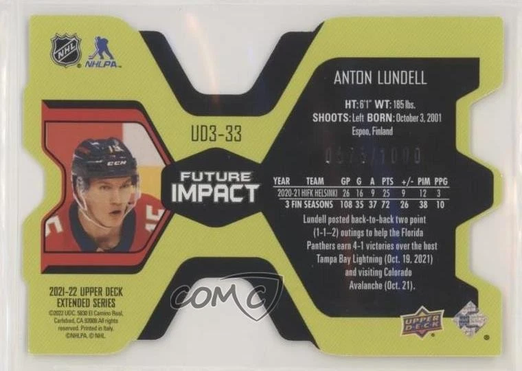 2021-22 Upper Deck Extended Series UD3 /1000 Anton Lundell #UD3-33 Rookie RC - Image 2 of 2
