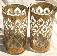 2 Culver Valencia 22K Gold 12 oz Tumbler Glass SIGNED Diamonds Highball MCM Vtg