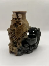 Vtg Chinese Carved Soapstone Inkwell Vase Brush Pot Floral Black & Rust Calligra