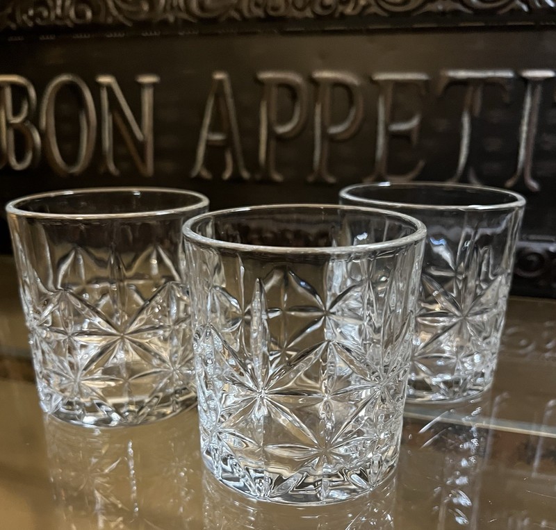 Set of 3 Etched Cut Crystal Whiskey Old Fashion Clear Glasses Low Ball Barware