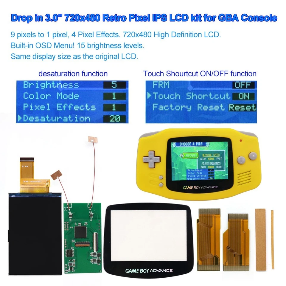 V5 Drop In 3.0" 720x480 Retro Pixel High Backlight Screen Kit+Cases For GBA - Image 2 of 4