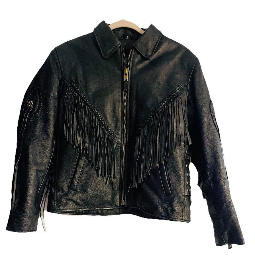 Chaqueta de motocicleta vintage de cuero negra con flecos para mujer pequeña Western Boho Foto 2 de 4