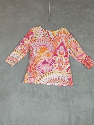 Chico's Women's 3/4 Sleeve v neck Abstract Orange And Pink Top Size 2=12 boho