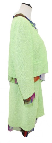 CHANEL Vintage 2000 Spring Lime Green Print Chiffon Trim Skirt Jacket Set 38 40 - Picture 9 of 18