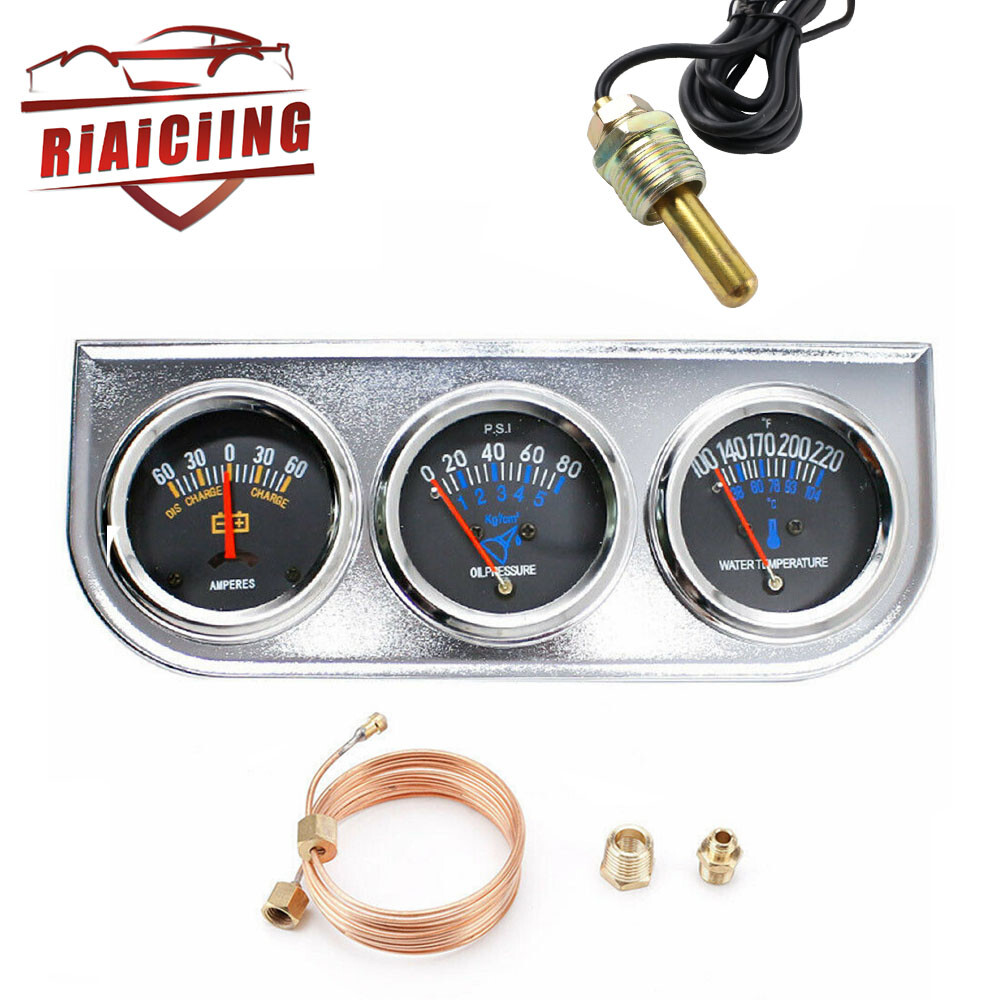 Silver Triple Gauge Set Water Temp Oil Pressure AMP Meter Mechanical 2'' 52mm US