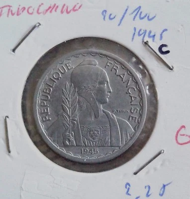 0080 F- pièce 20 centimes République Française Indochine 1945 avec un petit c - Photo 1/3
