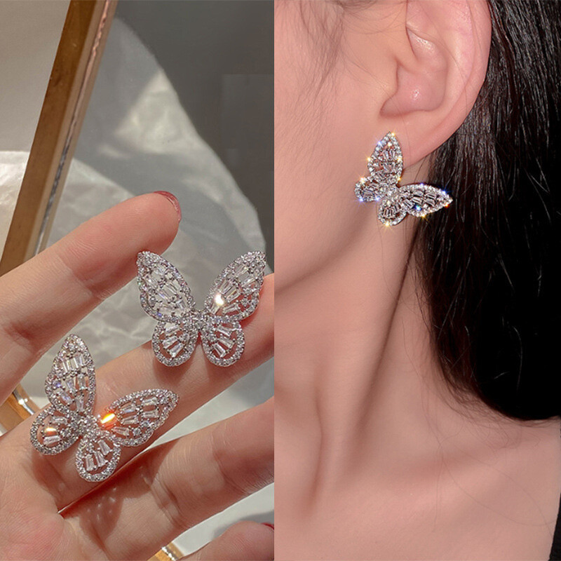 1~5pairs Shiny Butterfly Earrings Sweet Cute Bow Stud Earrings For Women Girls E