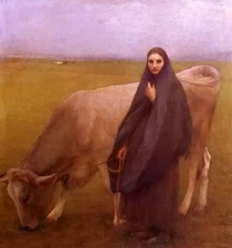 Oil painting Pascal-Adolphe-Jean Dagnan-Bouveret - in the meadow girl & cow art