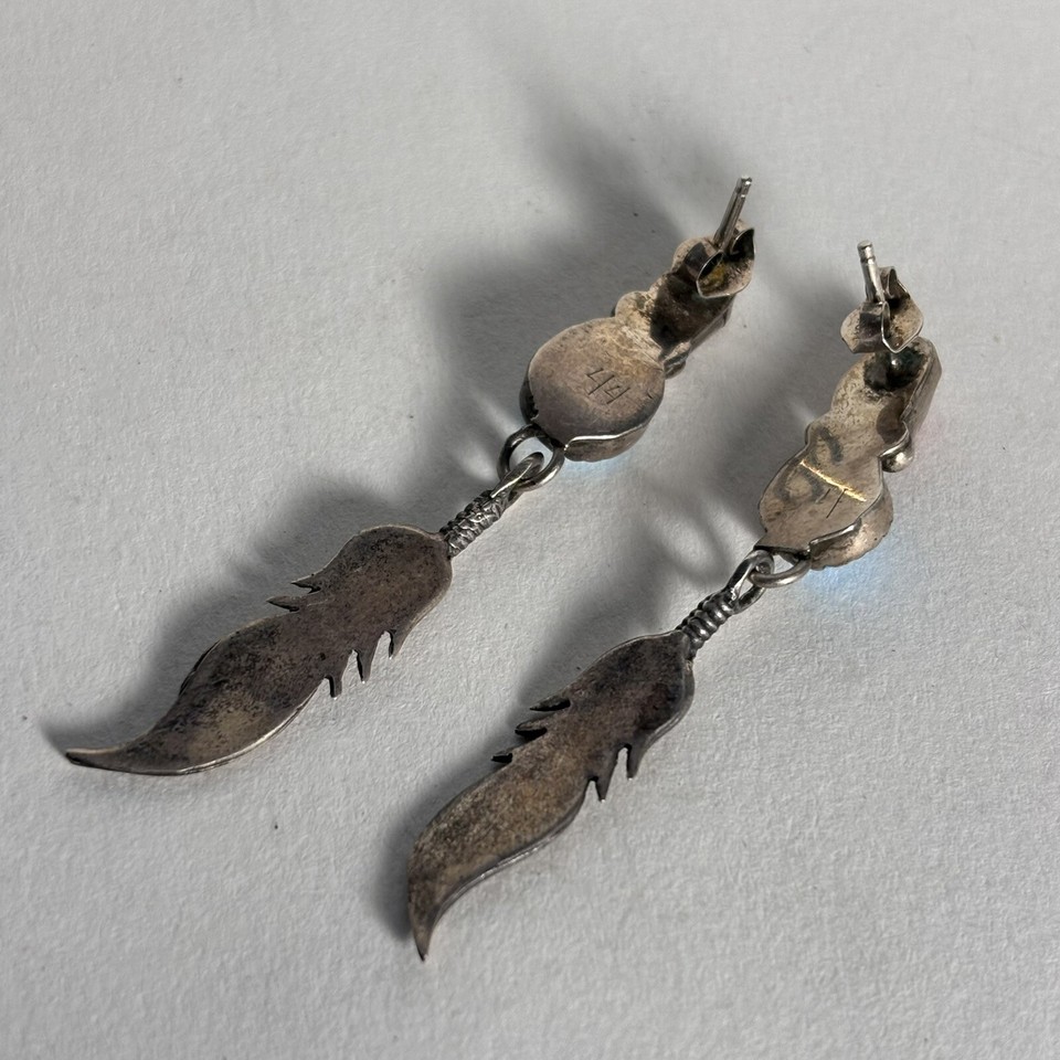 Vtg Southwest Turquoise Red Coral Sterling Silver Feathers Dangle
