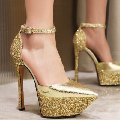 European Style Sexy Pointed Toe Sequins Platform High Heel Shoes Womens Pumps
