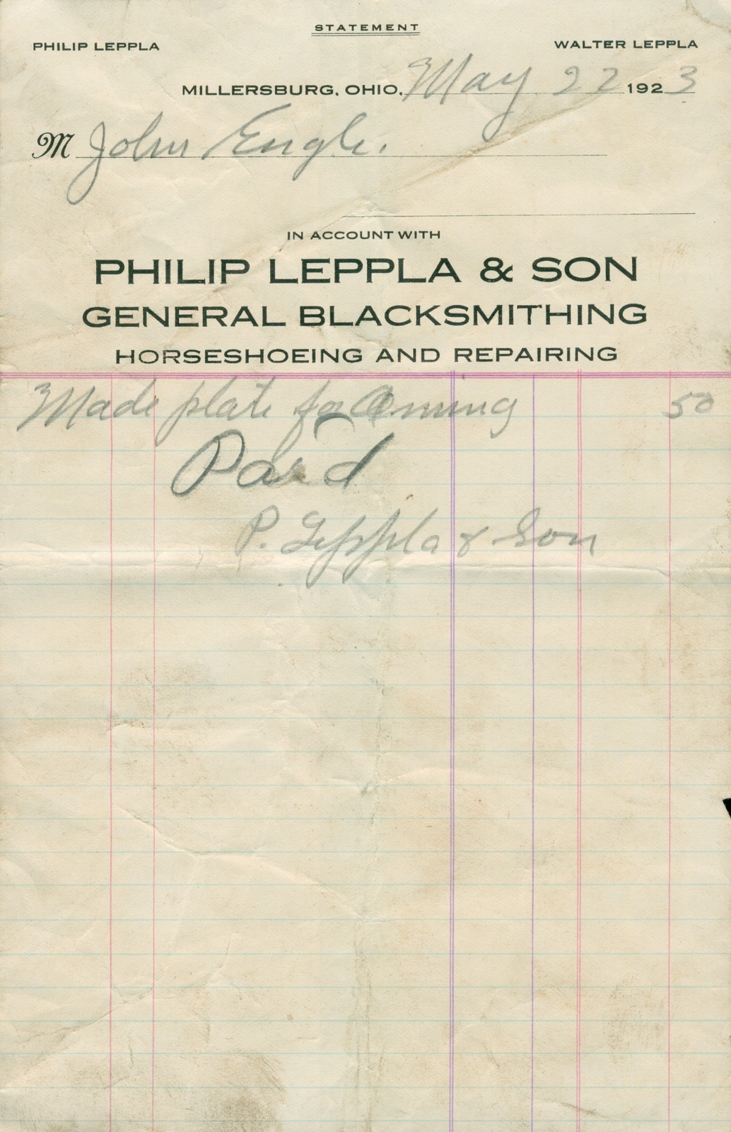 1923 Philip Leppla Blacksmithing Horseshoeing Millersburg Ohio