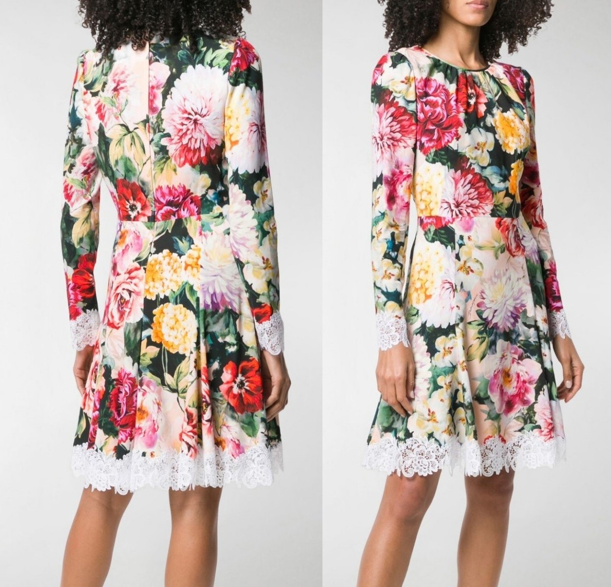 Dolce Gabbana Lace Trim Floral Print Long Sleeve Midi Dress