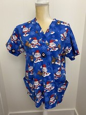 Peaches Womens Size Small Scrub Nurse Top Blue Medical Christmas Santa Rudolph