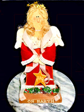 Vtg Primitive Angel Country Standing Folk Art Crafted Wooden "Peace on Earth"