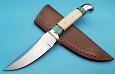 Fixed Blade Hunting Knife Imit. Turquoise Bone Handle 8.25" x 4" Leather Sheath