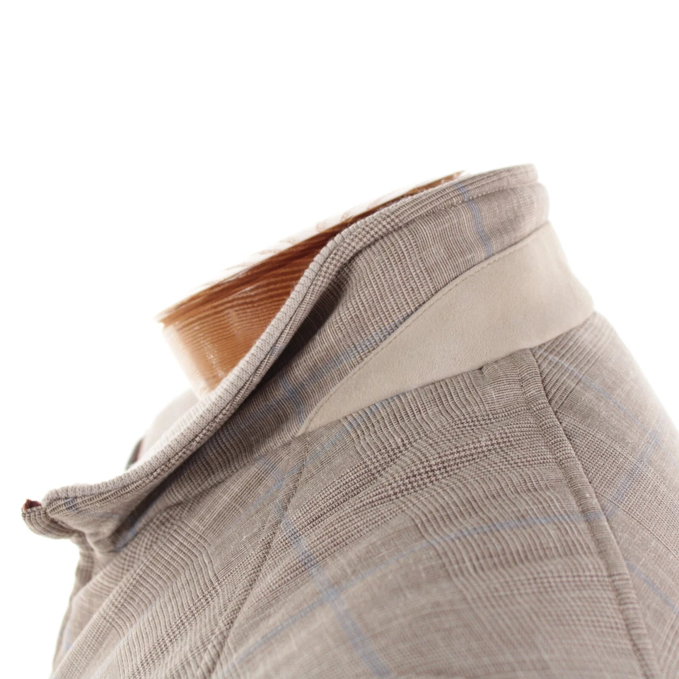 Chaleco Luciano Barbera Nuevo con Etiquetas Lana/Seda/Lino Talla 52 (L EE. UU.) en Beige con Cuadros Azules Foto 4 de 4