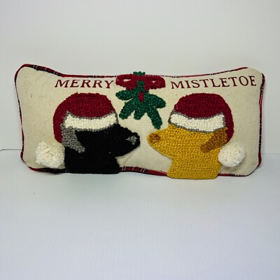 Mud Pie Christmas Holiday Two Dogs Black Brown Kissing Hook Wool Pillow 8'' X 18''