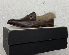 Gucci Loafers Leather Jordaan Black Gold Fur Horsebit UK 11.5 US 12.5 NEW X45