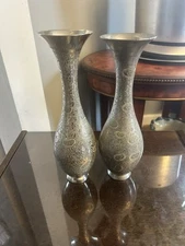 Z Y India World Gift Brass Bud Vase Etched Floral Pattern Set of 2, Vintage