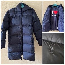 Polo Ralph Lauren Navy Blue Down Parka Coat Jacket Kids 12/14 Long Winter