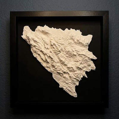 3D Bosnia and Herzegovina Map Wall Art: Topography in Black Wood Frame