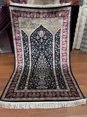 Turkish Silk Prayer Rug Black Islamic Seccade 3x5 FT Brand New