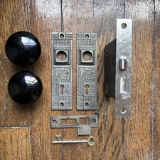 Antique Eastlake Door Hardware Set Cast Iron Backplates & Porcelain Doorknobs