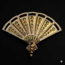 Vtg Articulated Fan Brooch Pendant Damascene Gold Tone Green Folding Spain Pin