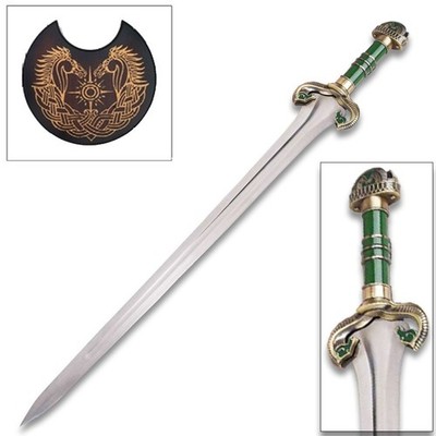 36'' Medieval Fantasy Sword - Emerald Green Handle & Wood Display Plaque