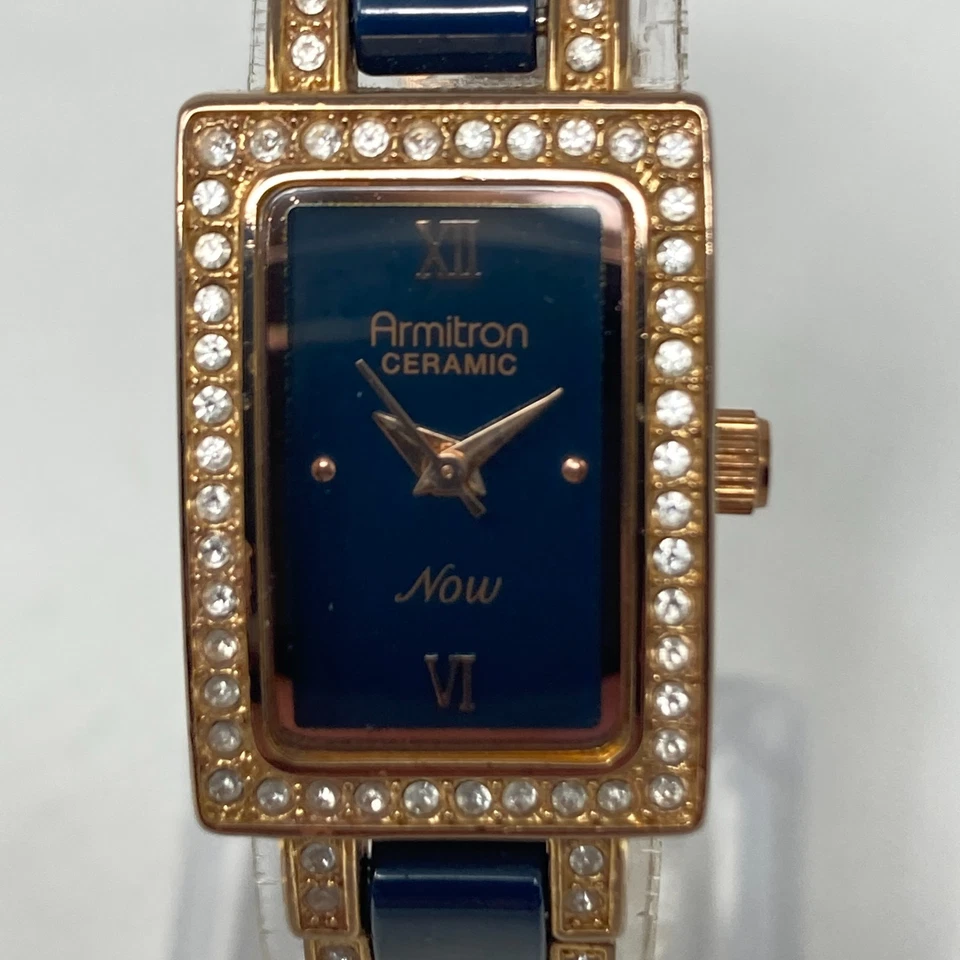 Armitron Tank Watch Women 17mm Rose Gold Tone Navy Ceramic Bling New Batt 6.75" - Image 3 of 4