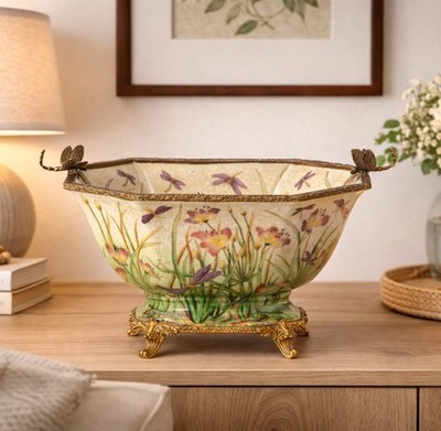 Porzellanschale mit Bronze   Wiesenblumen & Libellen   Jardiniere im Prunk Stil