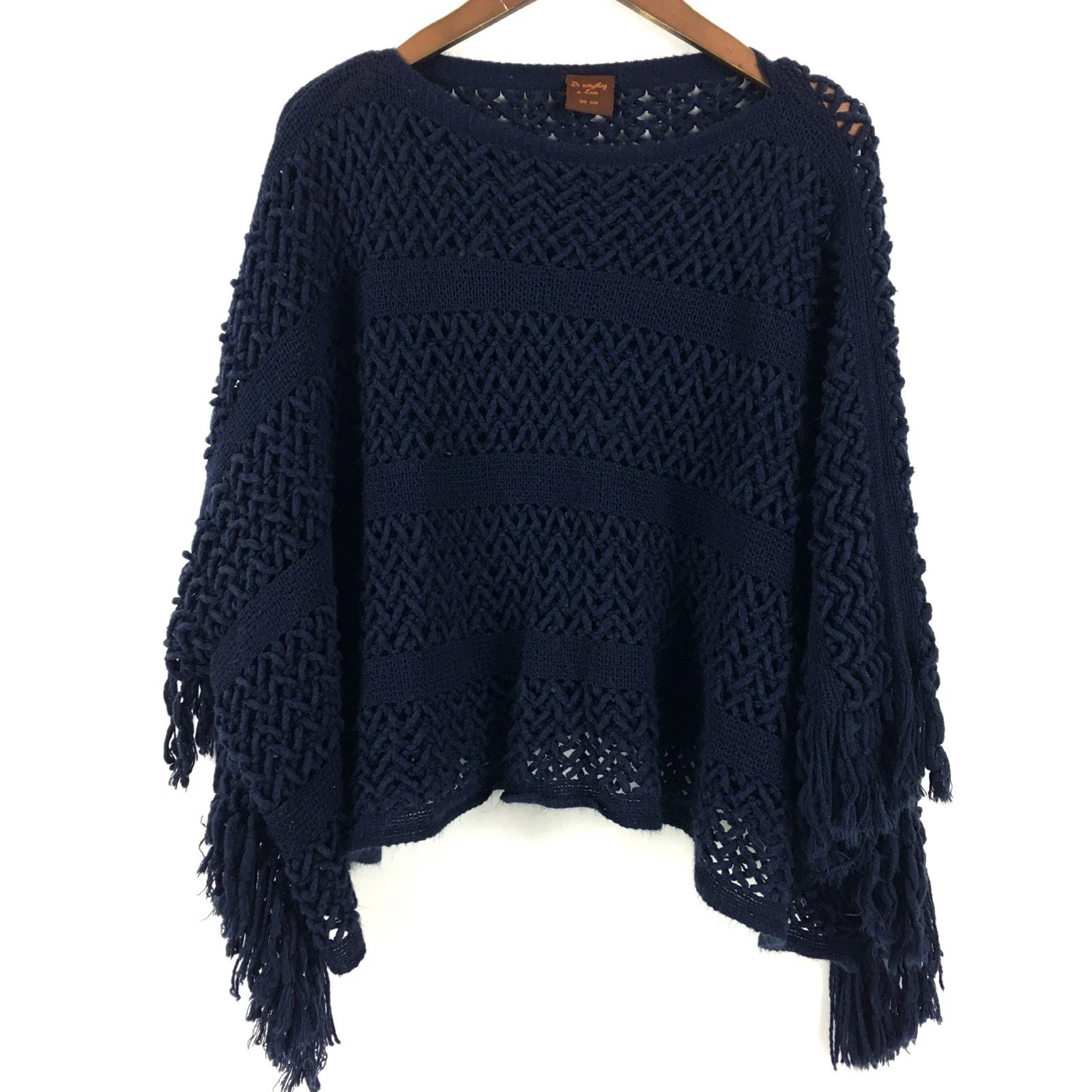 Do Everything In Love Navy Fringe Knit Poncho Sweater One Size Boho