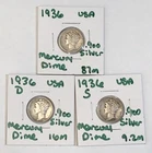 1936 P D S Set 90% Silver Mercury Dime US Coin, VF Details - Semi Key Better Lot