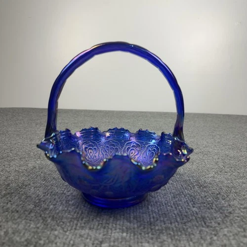 Vintage Fenton Cobalt Blue Carnival Glass Paisley Basket Handle Iridescent