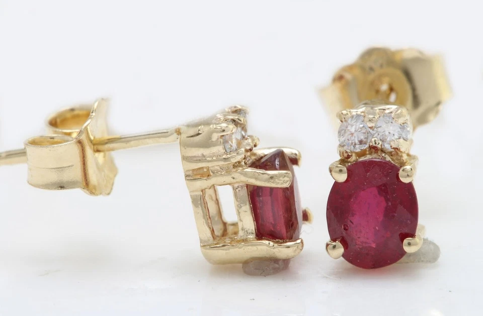 1.90 Carat Natural Red Ruby and Diamonds 14K Yellow Gold Stud Women Earrings O27 - Image 2 of 3