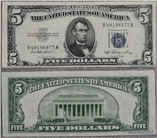 Silver Certificate: 5 Dollars 1953, Blue Seal from USA # B 49196877 A - XF