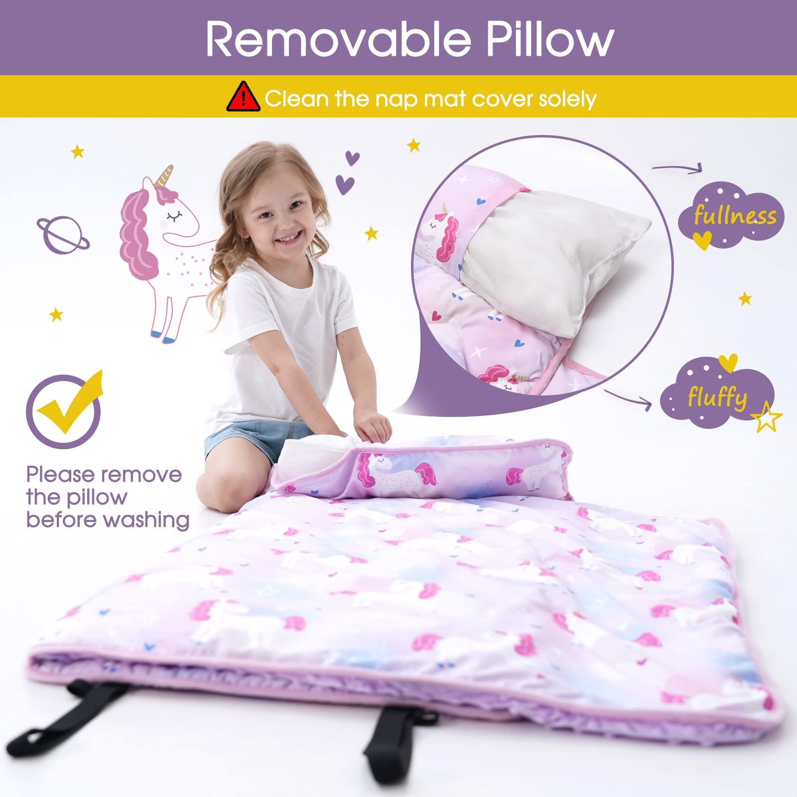 Nap Mat with Pillow Blanket Set: Purple Pink Unicorn Sleeping Mats for Toddle...