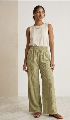 Mai Collection Wide Leg Flare Green Pants Size L Large Elastic Stretch Waist