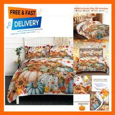Queen Size Quilt Set with Colorful Pumpkin Halloween Fall Bedding, Microfiber