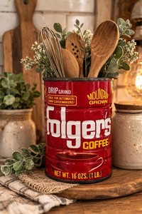Vintage Folgers Mountain Grown Coffee Tin Can 16 Oz Automatic Drip Red Metal USA