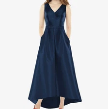 ALFRED SUNG Midnight Navy Sateen Twill High Low Cocktail Dress Gown NWOT Sz 4