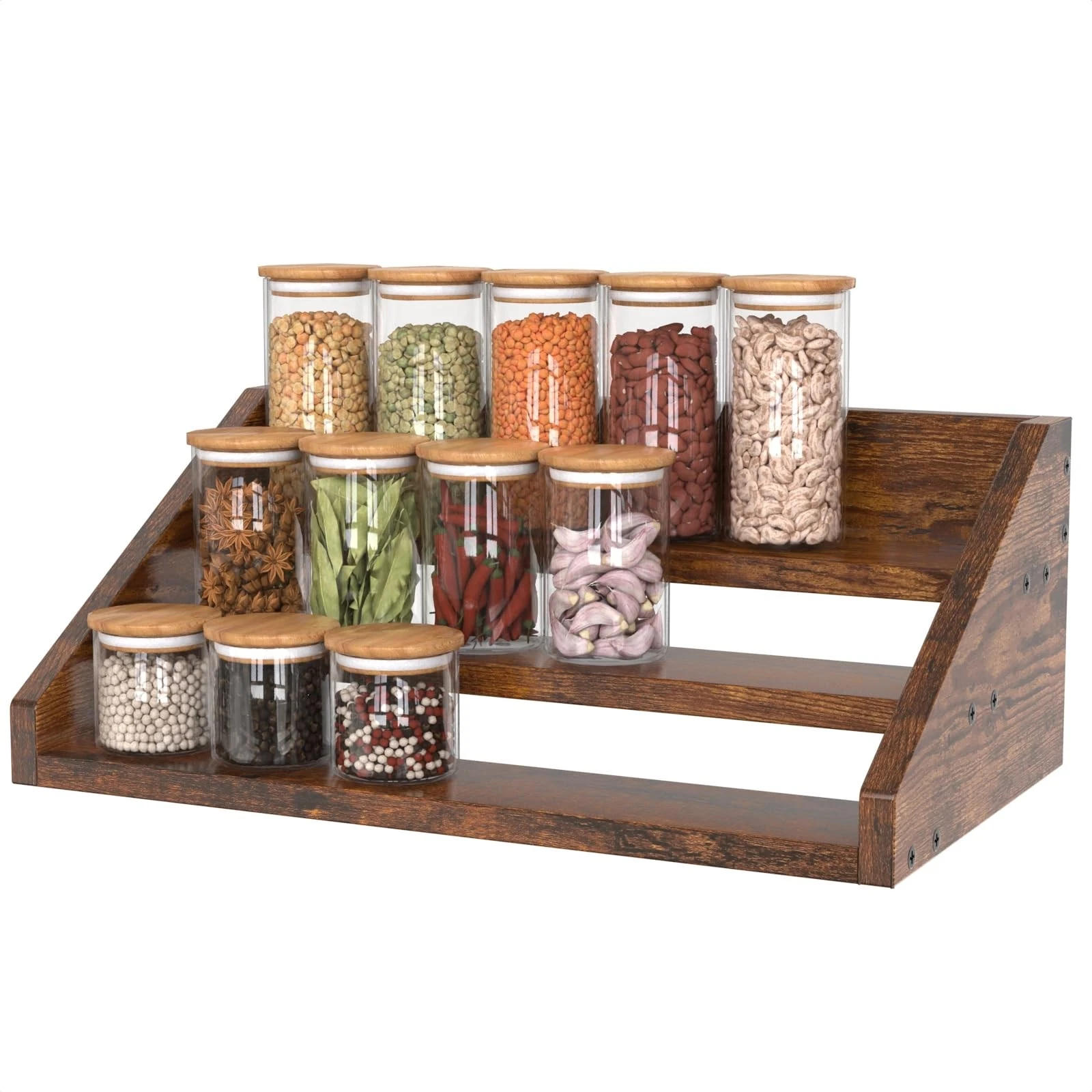 Spice Rack Organizer for Cabinet, Robust Wooden Display Riser Shelf Seasoning...