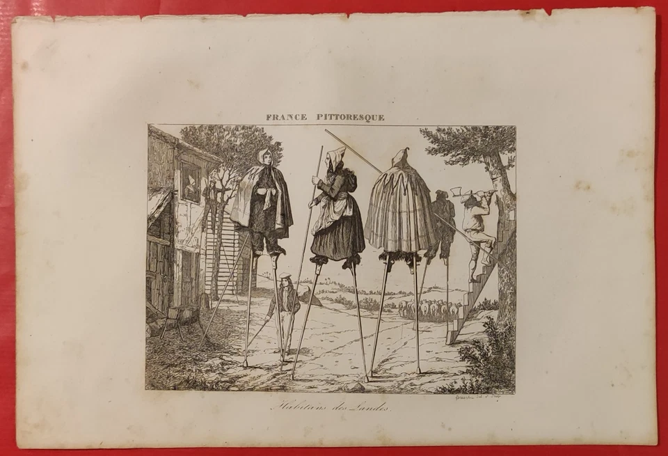 Gravure: XIXéme  Habitants des LANDES  Bergers sur Echasses 40 par LACAUCHIE - Photo 2/3