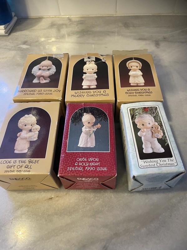 Lot of 6 Enesco Precious Moments Christmas ornaments dated 1983, 84, 86, 87, 90,